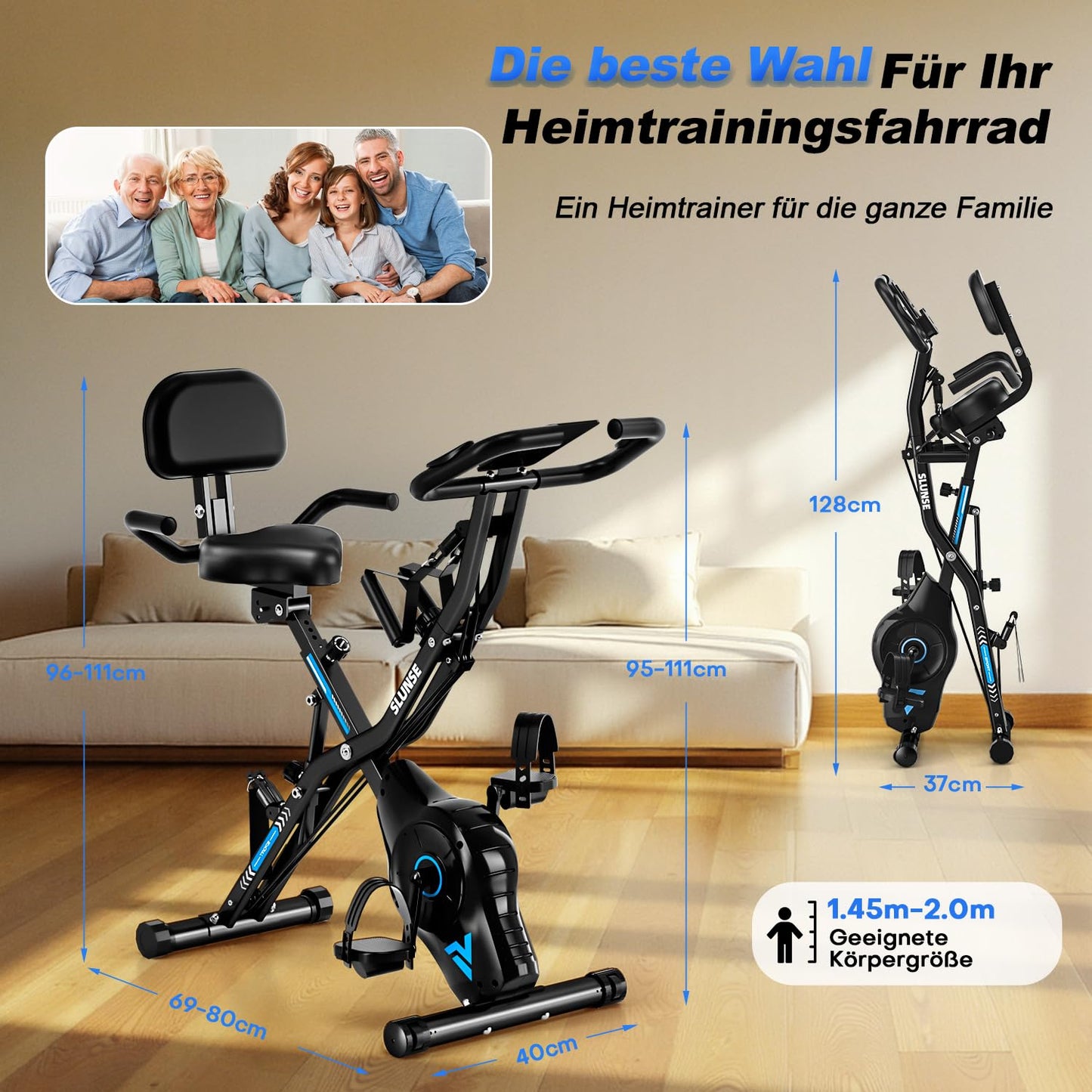 5-in-1 Heimtrainer Fahrrad, 2025 Neu Hometrainer Fahrrad mit 16 Stufen Magnetwiderstand, Klappbar Ergometer Heimtrainer mit 10dB extra Leise, Indoor Bike für Kardio-Training zu Hause, Bis 160KG