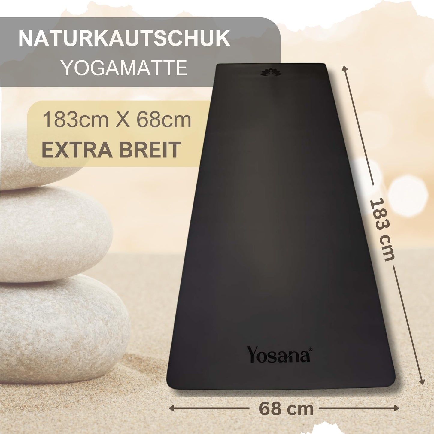 Yosana Yogamatte aus Naturkautschuk | Extrem rutschfest | Ultra-Grip-Oberfläche aus umweltfreundlichem PU | Extra breit 68 cm | Inklusive Tragegurt | Yogamatte 183 x 68 cm | 4 mm dünn