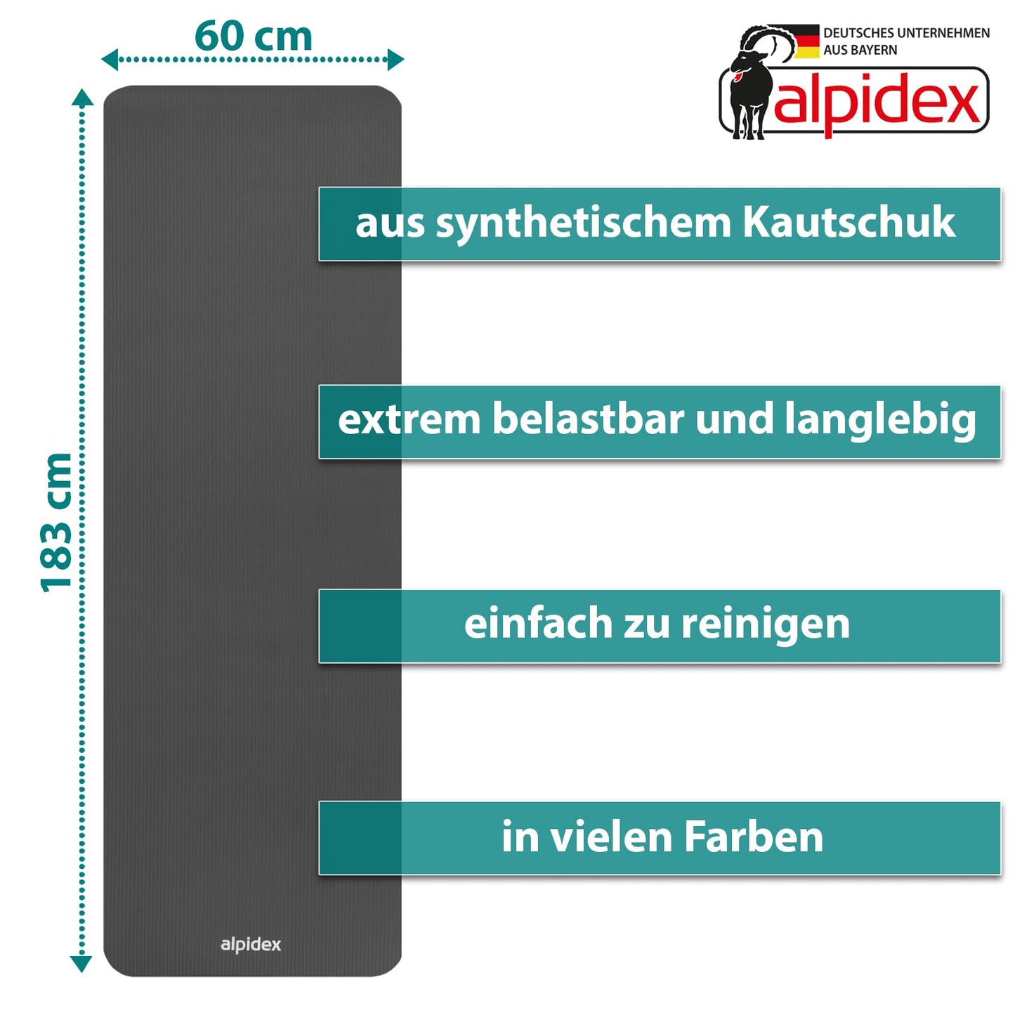 ALPIDEX Yogamatte 183 x 60 x 0,8 cm phthalatfreie Fitnessmatte mit Tragegurt, rutschfest, für Gymnastik, Pilates, Sport, Physiotherapie, HiiT, Yoga, Training und Schlafmatte, hautfreundlich