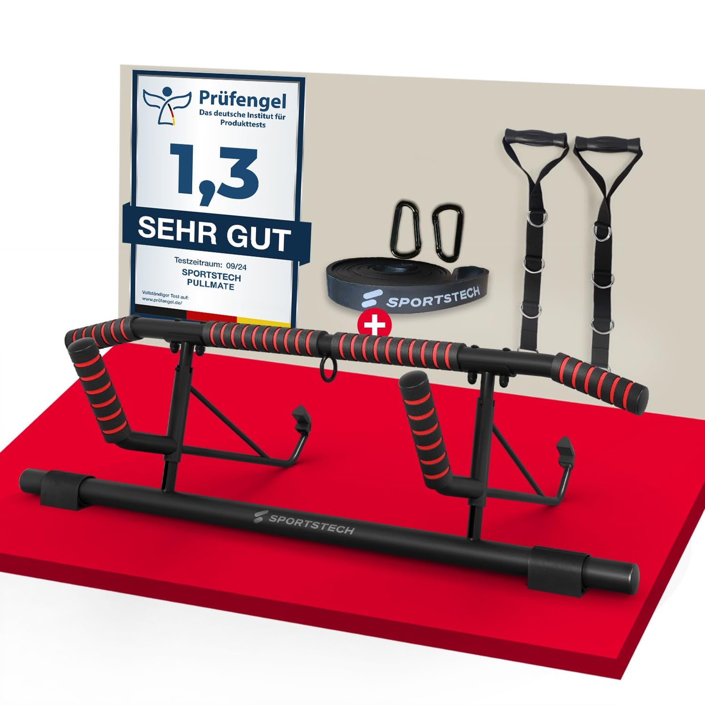 Sportstech Pullmate Home Hängende Klimmzugstange für Türrahmen, Montage ohne Schrauben, verstellbare rutschfeste Griffe, inklusive Klimmzughilfe und Sling Trainer, Tragfähigkeit 200 kg, Calisthenics