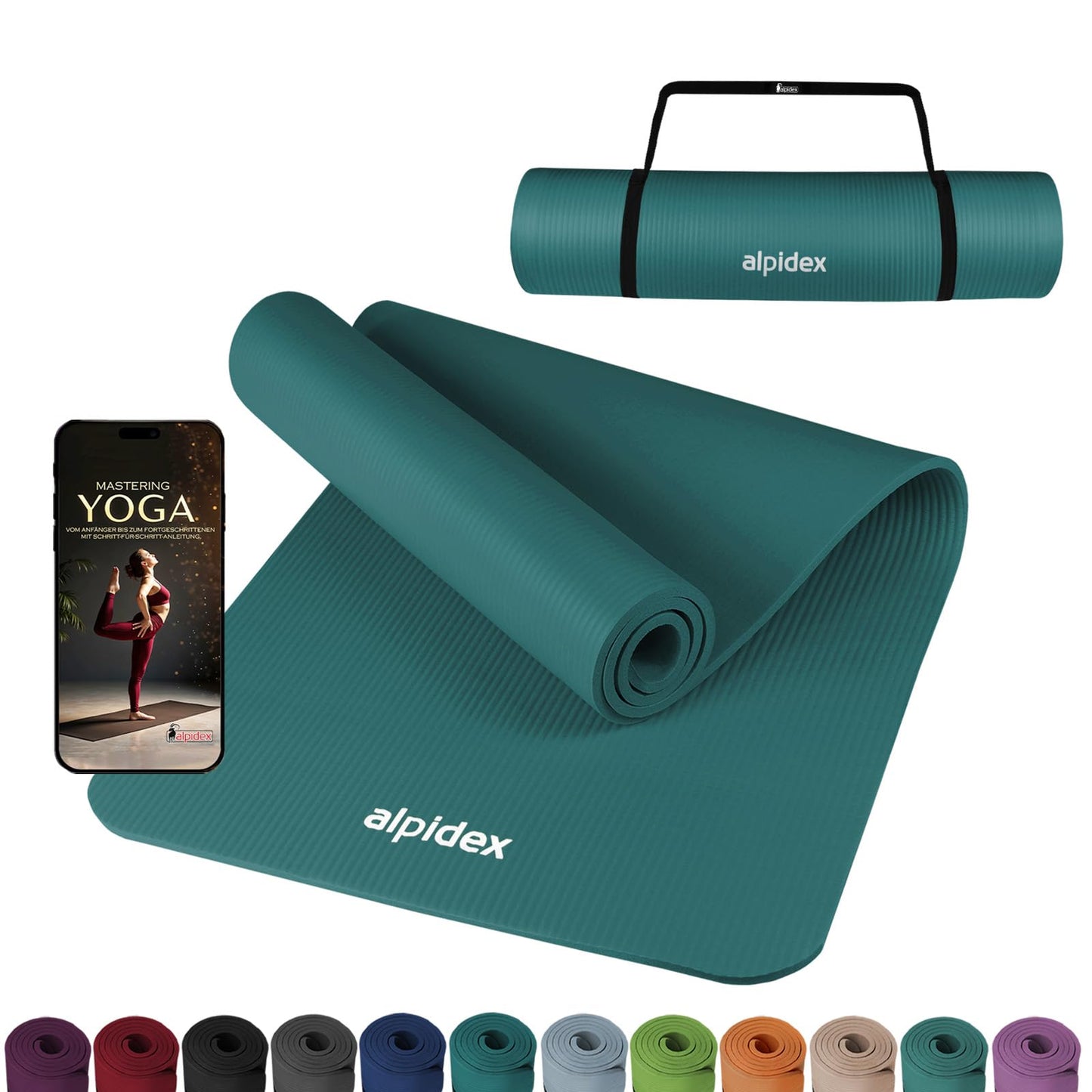 ALPIDEX Yogamatte 183 x 60 x 0,8 cm phthalatfreie Fitnessmatte mit Tragegurt, rutschfest, für Gymnastik, Pilates, Sport, Physiotherapie, HiiT, Yoga, Training und Schlafmatte, hautfreundlich