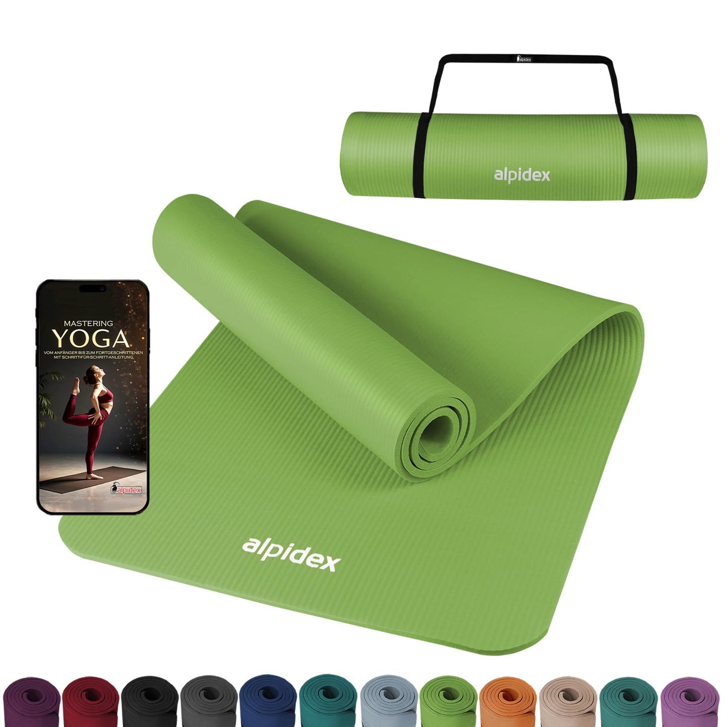 ALPIDEX Yogamatte 183 x 60 x 0,8 cm phthalatfreie Fitnessmatte mit Tragegurt, rutschfest, für Gymnastik, Pilates, Sport, Physiotherapie, HiiT, Yoga, Training und Schlafmatte, hautfreundlich