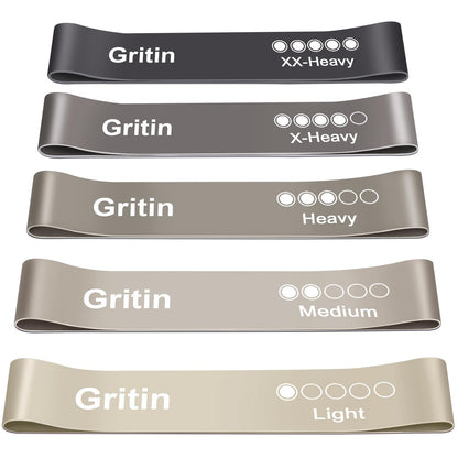 Gritin Fitness Bands [Set of 5] Resistance Bands with 5 Levels, 100% Latex Fitness Band Resistance with German Exercise Instructions and Carry Bag, Gymnastics Band for Muscle Building, Yoga