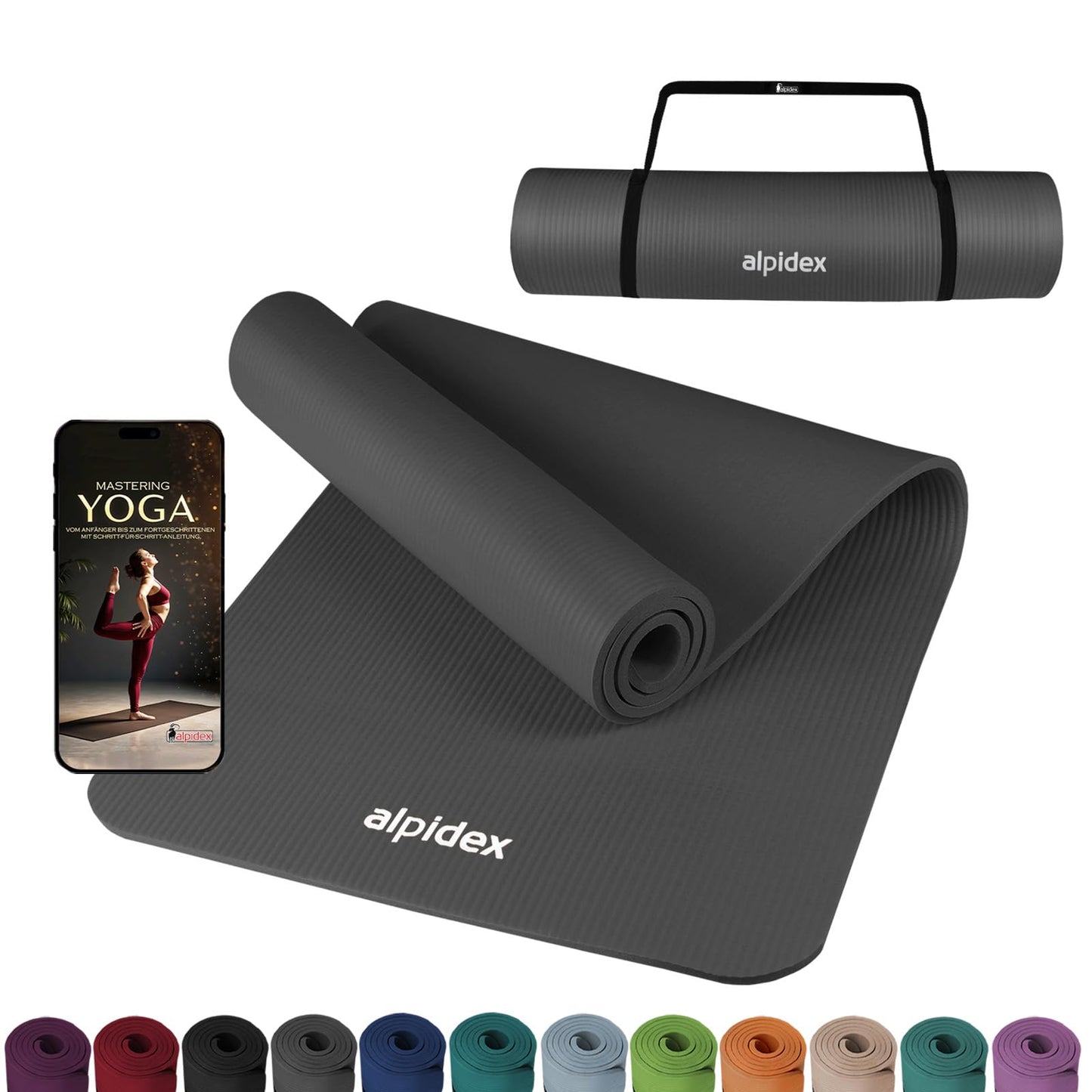 ALPIDEX Yogamatte 183 x 60 x 0,8 cm phthalatfreie Fitnessmatte mit Tragegurt, rutschfest, für Gymnastik, Pilates, Sport, Physiotherapie, HiiT, Yoga, Training und Schlafmatte, hautfreundlich