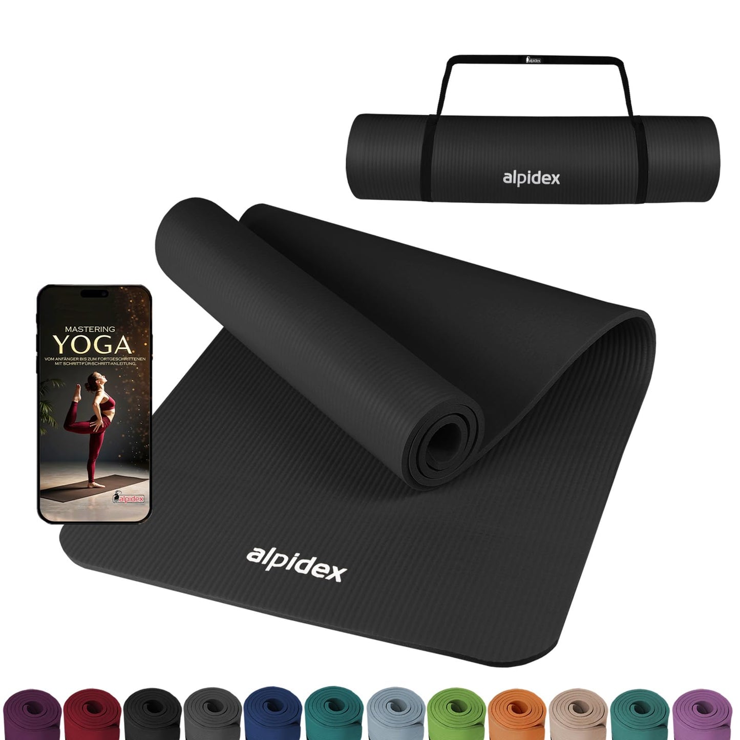 ALPIDEX Yogamatte 183 x 60 x 0,8 cm phthalatfreie Fitnessmatte mit Tragegurt, rutschfest, für Gymnastik, Pilates, Sport, Physiotherapie, HiiT, Yoga, Training und Schlafmatte, hautfreundlich