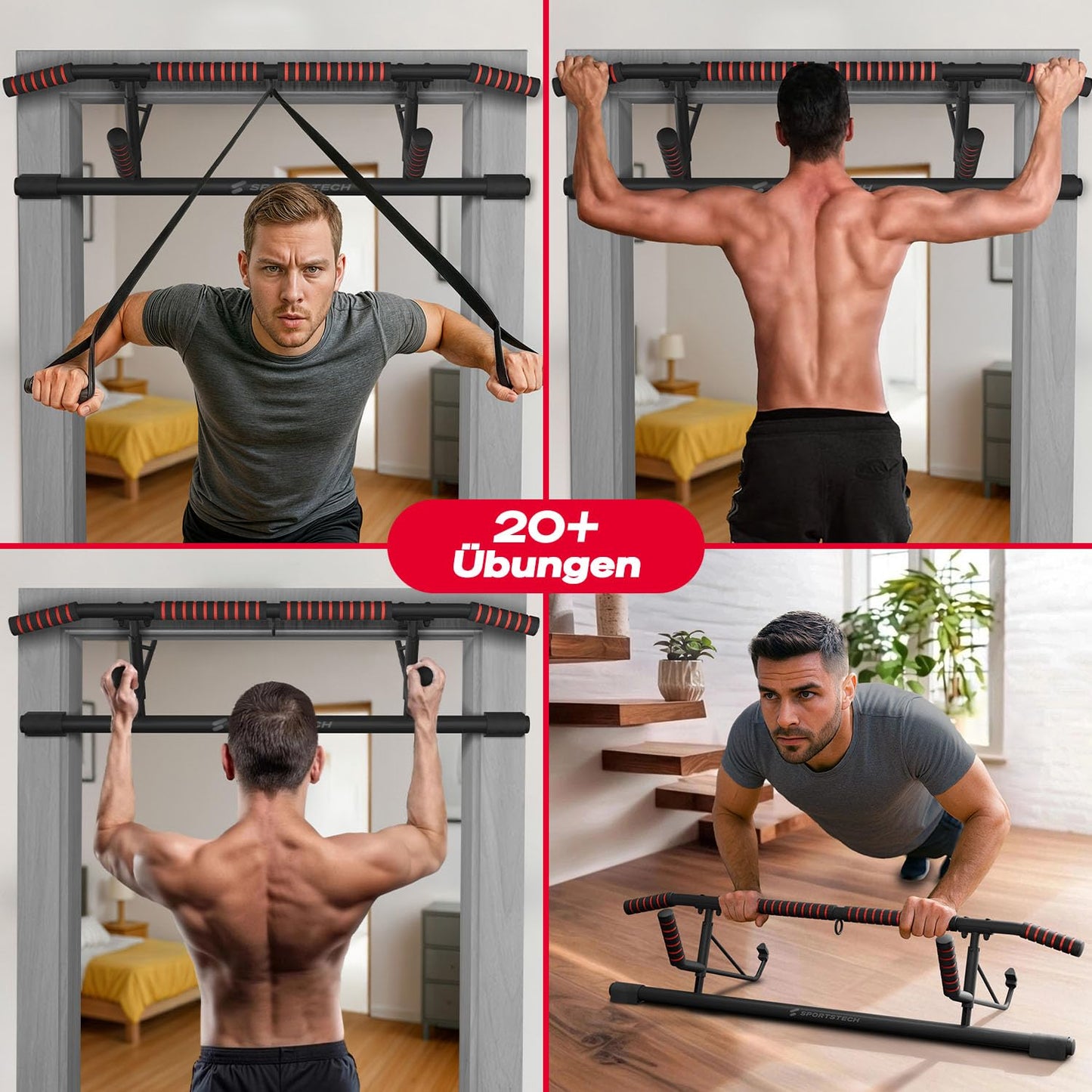 Sportstech Pullmate Home Hängende Klimmzugstange für Türrahmen, Montage ohne Schrauben, verstellbare rutschfeste Griffe, inklusive Klimmzughilfe und Sling Trainer, Tragfähigkeit 200 kg, Calisthenics