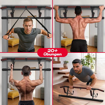 Sportstech Pullmate Home Hängende Klimmzugstange für Türrahmen, Montage ohne Schrauben, verstellbare rutschfeste Griffe, inklusive Klimmzughilfe und Sling Trainer, Tragfähigkeit 200 kg, Calisthenics
