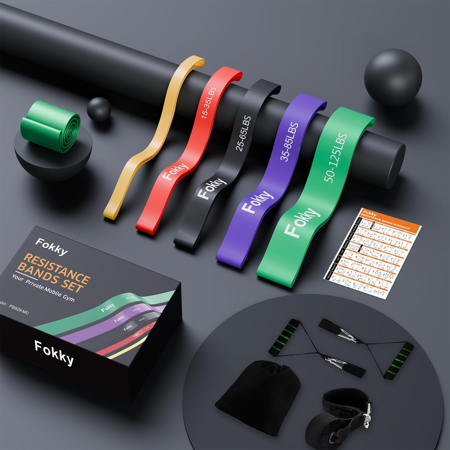 Fokky Fitnessbänder Resistance Bands Set mit 4 Stufen, Widerstandsbänder mit Türanker, Griffen, Schutzhülle, Tragetasche&Trainingsanleitung, Klimmzug Bänder für Stretching/Yoga/Klimmzüge/Krafttraining