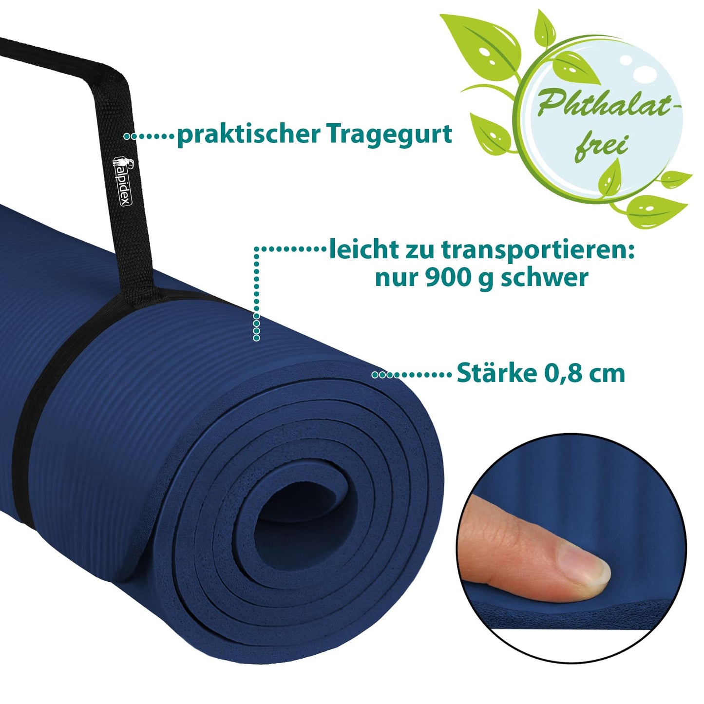 ALPIDEX Yogamatte 183 x 60 x 0,8 cm phthalatfreie Fitnessmatte mit Tragegurt, rutschfest, für Gymnastik, Pilates, Sport, Physiotherapie, HiiT, Yoga, Training und Schlafmatte, hautfreundlich