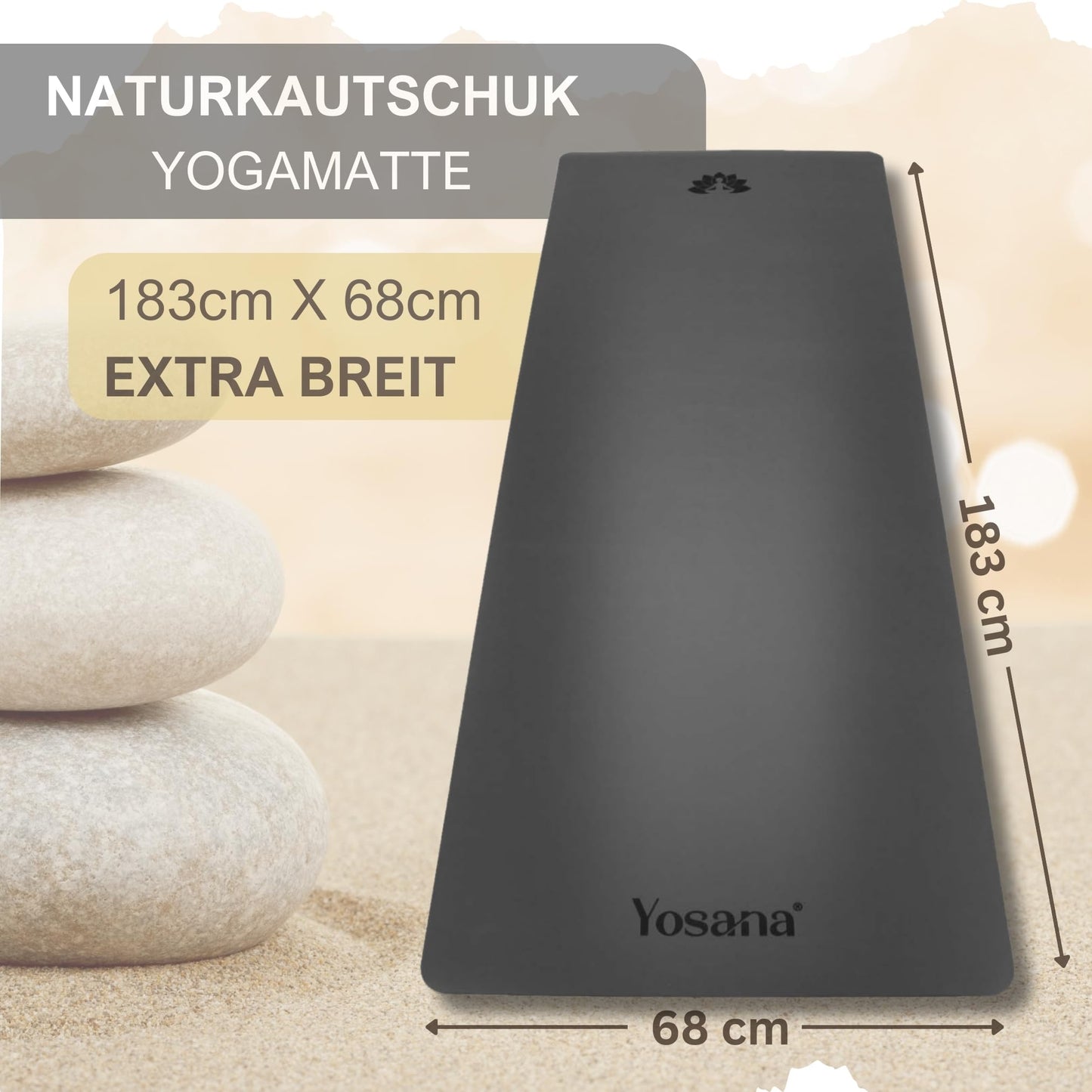Yosana Yogamatte aus Naturkautschuk | Extrem rutschfest | Ultra-Grip-Oberfläche aus umweltfreundlichem PU | Extra breit 68 cm | Inklusive Tragegurt | Yogamatte 183 x 68 cm | 4 mm dünn