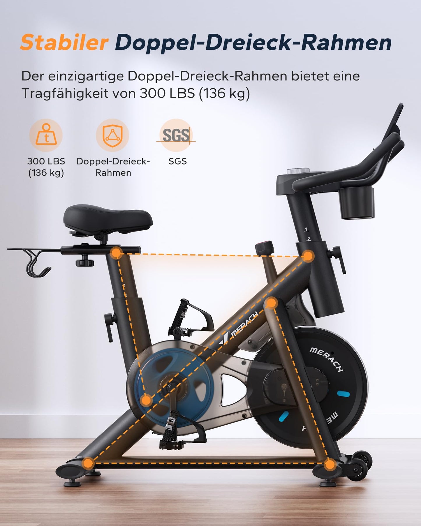 MERACH Heimtrainer mit verstellbarem Widerstand, leises Heimtrainingsfahrrad mit verbessertem LCD-Monitor, Tablet-Halter, Indoor-Cycling-Bike für Cardio-Training zu Hause, eigene App, bis zu 136 kg
