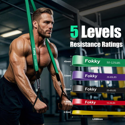 Fokky Fitnessbänder Resistance Bands Set mit 4 Stufen, Widerstandsbänder mit Türanker, Griffen, Schutzhülle, Tragetasche&Trainingsanleitung, Klimmzug Bänder für Stretching/Yoga/Klimmzüge/Krafttraining