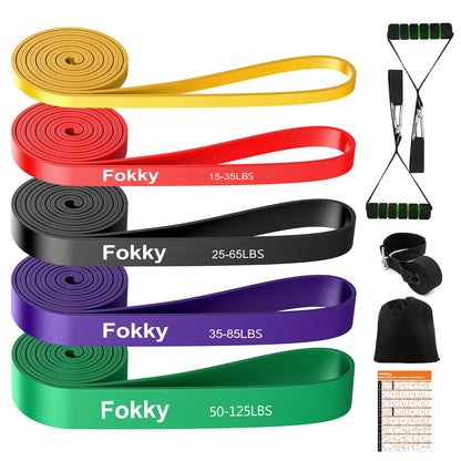 Fokky Fitnessbänder Resistance Bands Set mit 4 Stufen, Widerstandsbänder mit Türanker, Griffen, Schutzhülle, Tragetasche&Trainingsanleitung, Klimmzug Bänder für Stretching/Yoga/Klimmzüge/Krafttraining