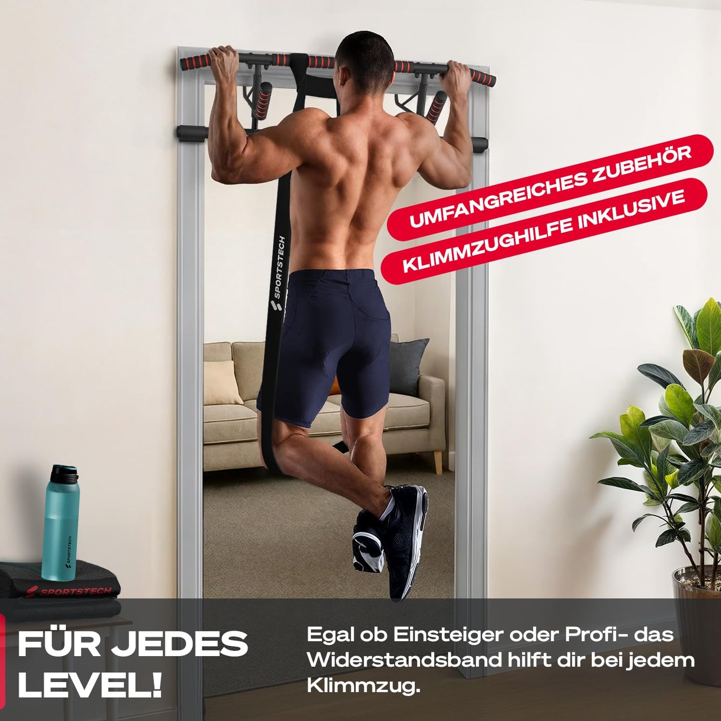 Sportstech Pullmate Home Hängende Klimmzugstange für Türrahmen, Montage ohne Schrauben, verstellbare rutschfeste Griffe, inklusive Klimmzughilfe und Sling Trainer, Tragfähigkeit 200 kg, Calisthenics