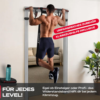 Sportstech Pullmate Home Hängende Klimmzugstange für Türrahmen, Montage ohne Schrauben, verstellbare rutschfeste Griffe, inklusive Klimmzughilfe und Sling Trainer, Tragfähigkeit 200 kg, Calisthenics