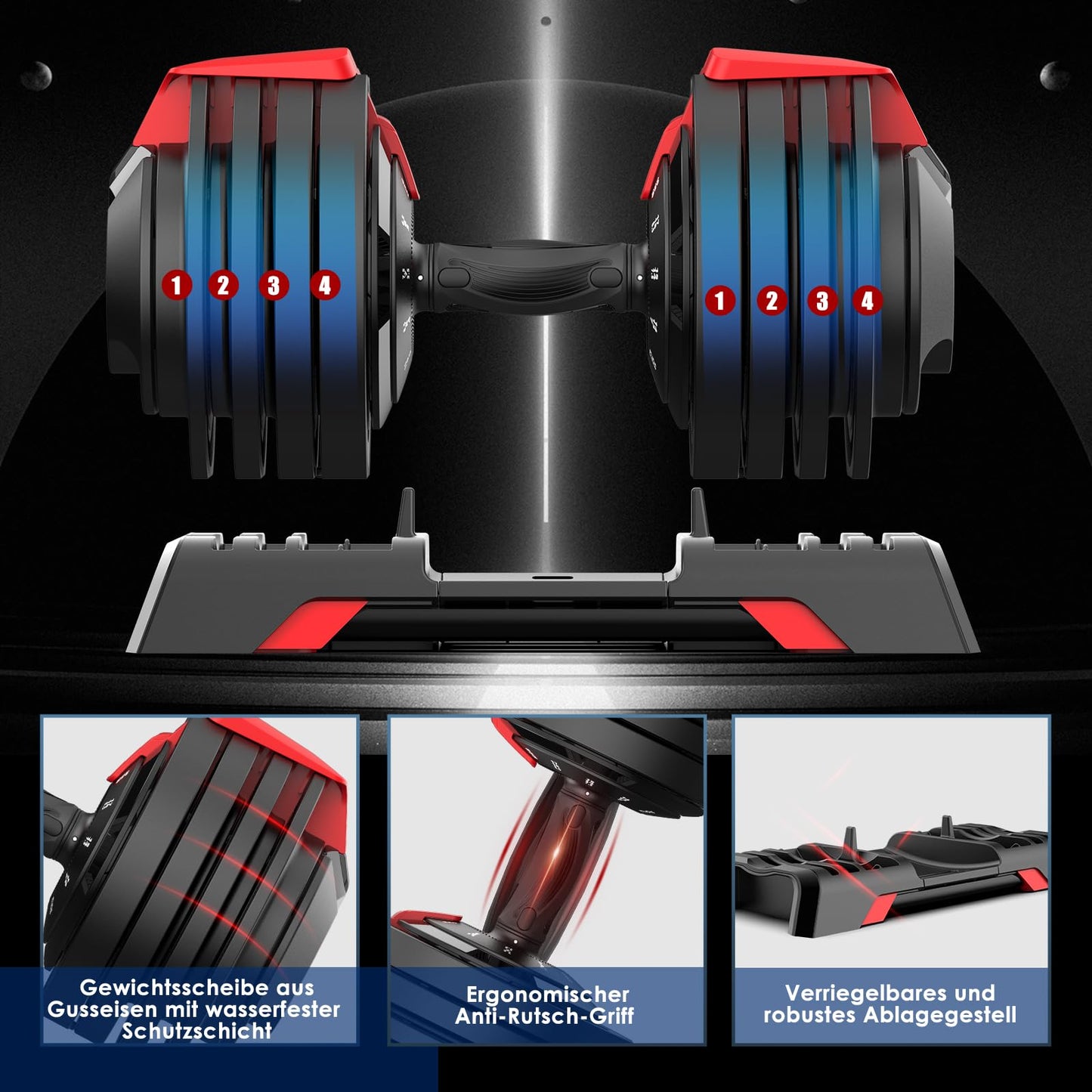 DH FitLife verstellbare Hantel 3 bis 24 kg mit 12 Gewichtsstufen, Hantelset mit Gewichtsscheiben, verstellbare Gewichte 12 in 1