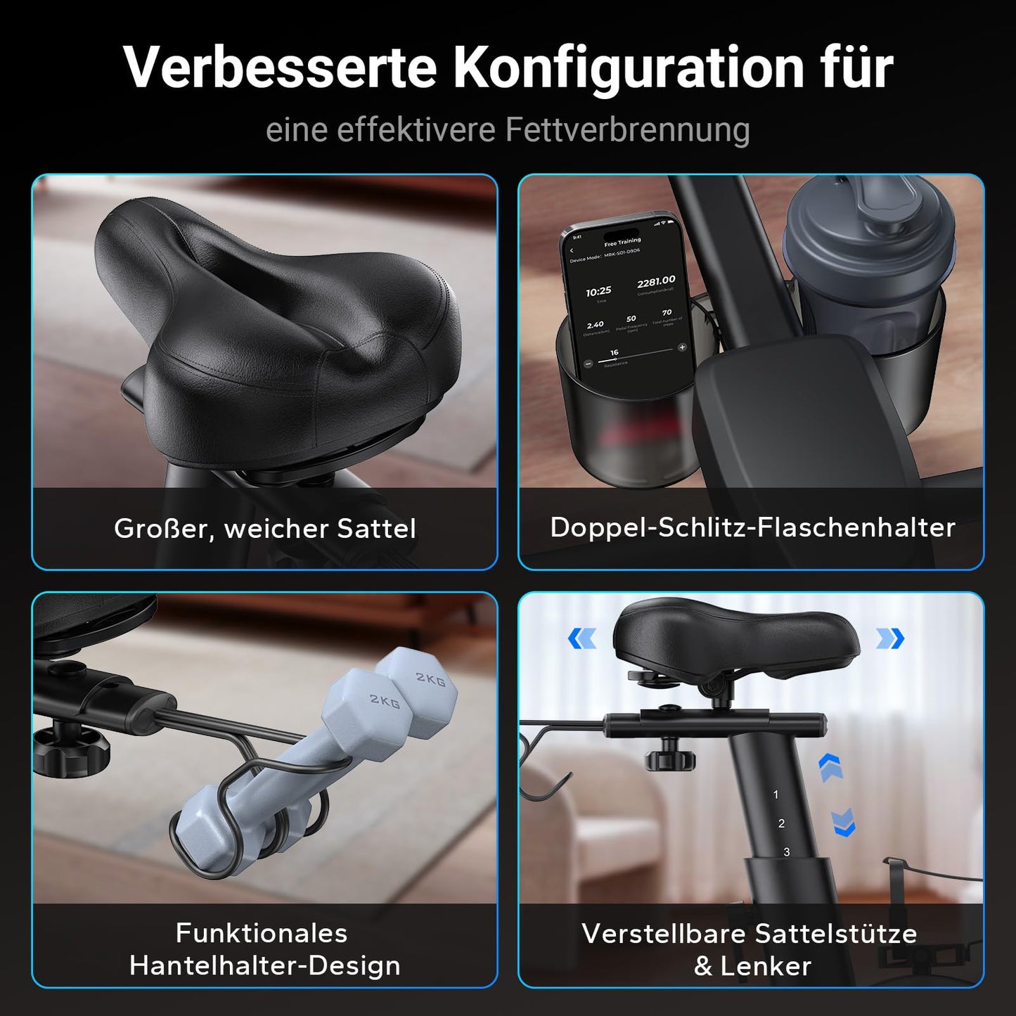 MERACH Heimtrainer mit verstellbarem Widerstand, leises Heimtrainingsfahrrad mit verbessertem LCD-Monitor, Tablet-Halter, Indoor-Cycling-Bike für Cardio-Training zu Hause, eigene App, bis zu 136 kg