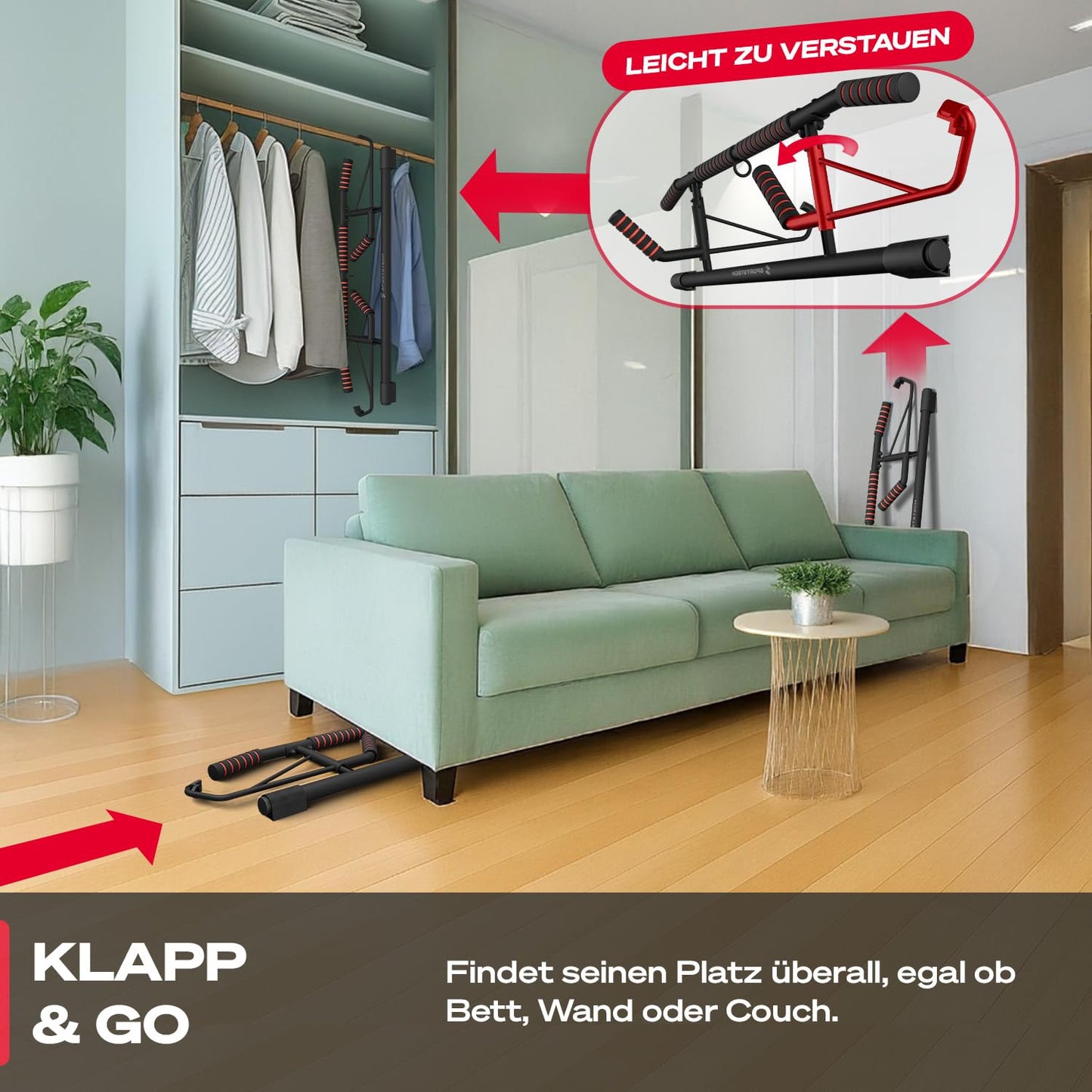Sportstech Pullmate Home Hängende Klimmzugstange für Türrahmen, Montage ohne Schrauben, verstellbare rutschfeste Griffe, inklusive Klimmzughilfe und Sling Trainer, Tragfähigkeit 200 kg, Calisthenics