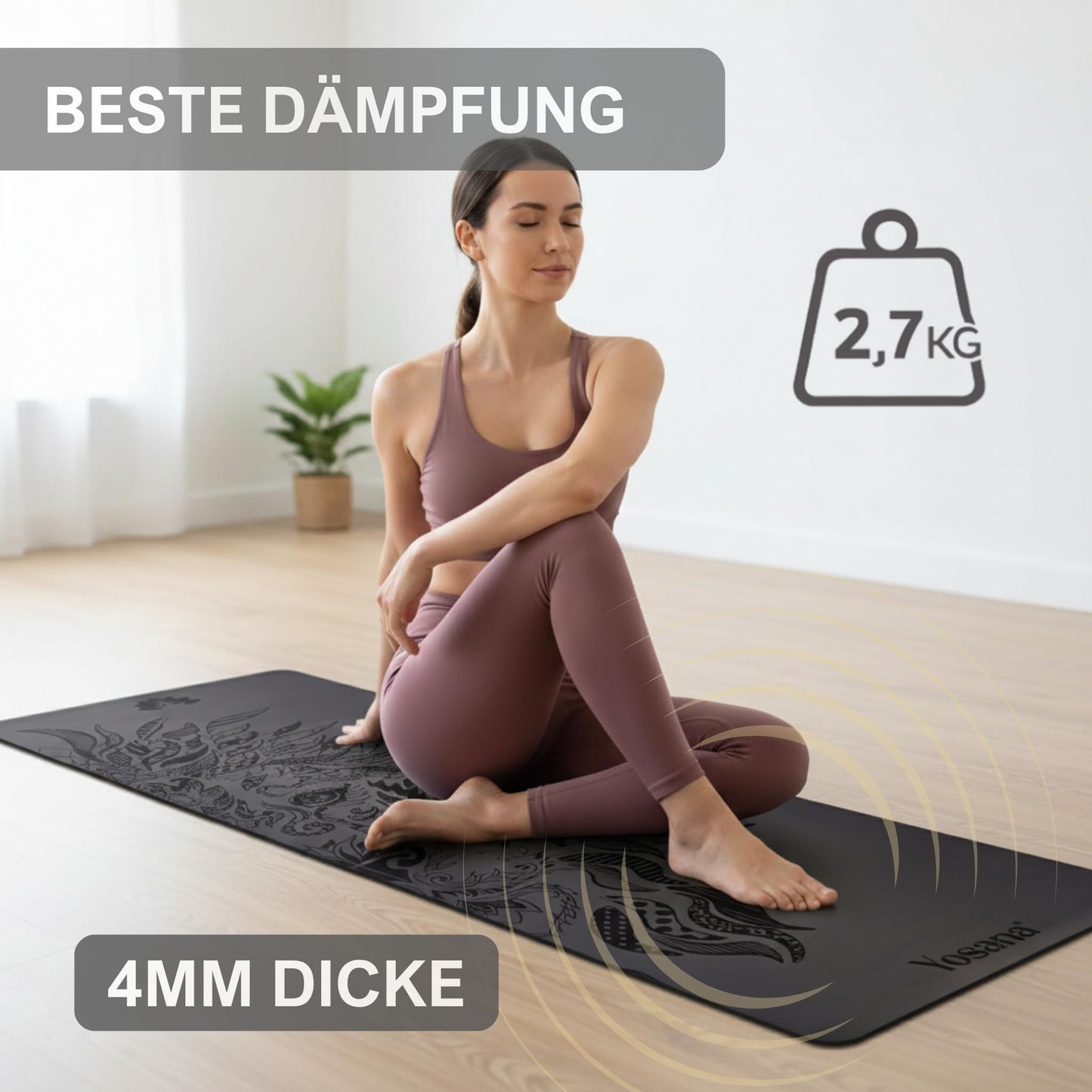Yosana Yogamatte aus Naturkautschuk | Extrem rutschfest | Ultra-Grip-Oberfläche aus umweltfreundlichem PU | Extra breit 68 cm | Inklusive Tragegurt | Yogamatte 183 x 68 cm | 4 mm dünn
