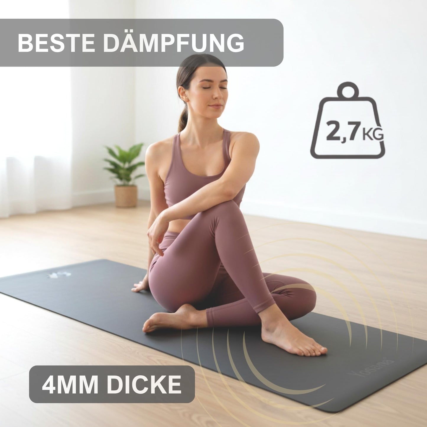 Yosana Yogamatte aus Naturkautschuk | Extrem rutschfest | Ultra-Grip-Oberfläche aus umweltfreundlichem PU | Extra breit 68 cm | Inklusive Tragegurt | Yogamatte 183 x 68 cm | 4 mm dünn
