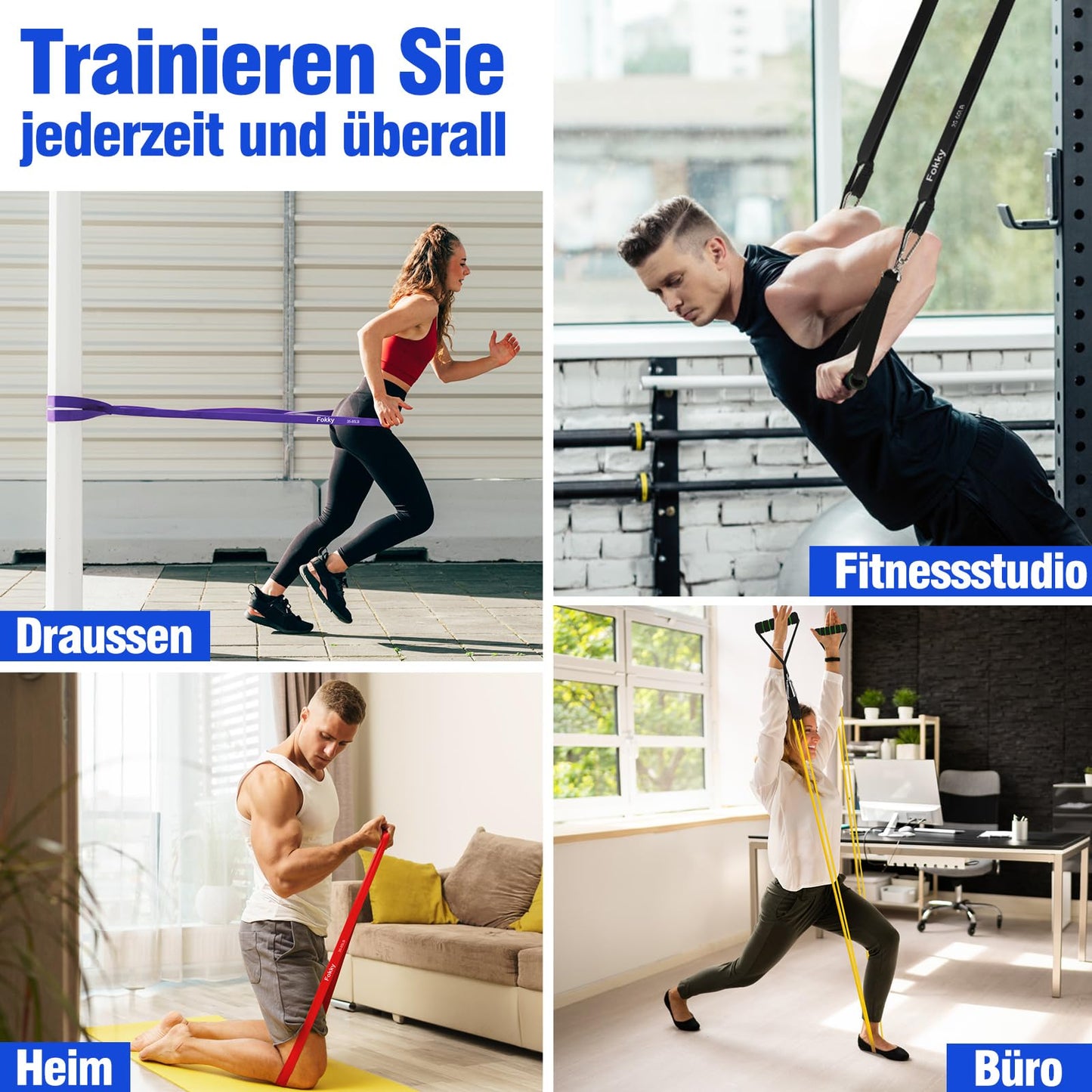 Fokky Fitnessbänder Resistance Bands Set mit 4 Stufen, Widerstandsbänder mit Türanker, Griffen, Schutzhülle, Tragetasche&Trainingsanleitung, Klimmzug Bänder für Stretching/Yoga/Klimmzüge/Krafttraining