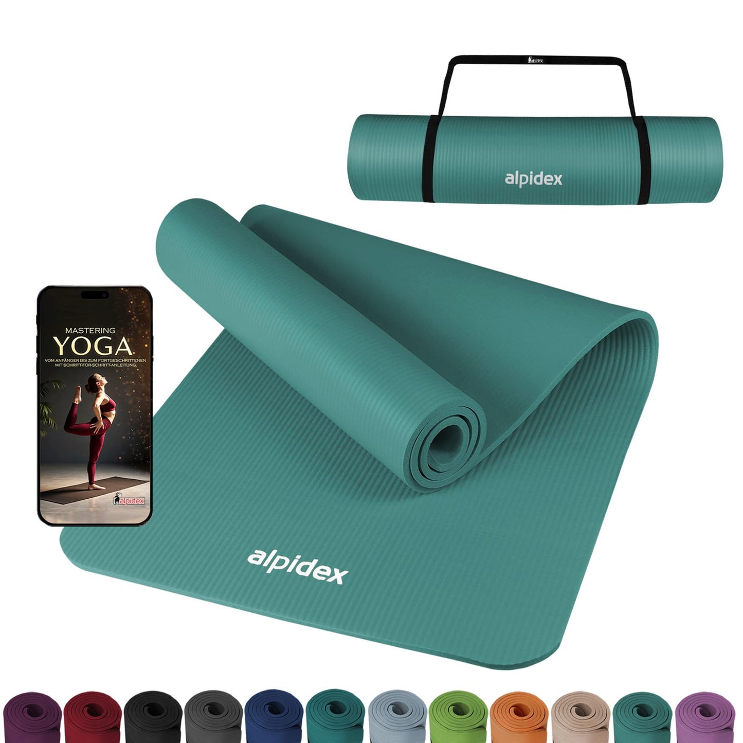 ALPIDEX Yogamatte 183 x 60 x 0,8 cm phthalatfreie Fitnessmatte mit Tragegurt, rutschfest, für Gymnastik, Pilates, Sport, Physiotherapie, HiiT, Yoga, Training und Schlafmatte, hautfreundlich