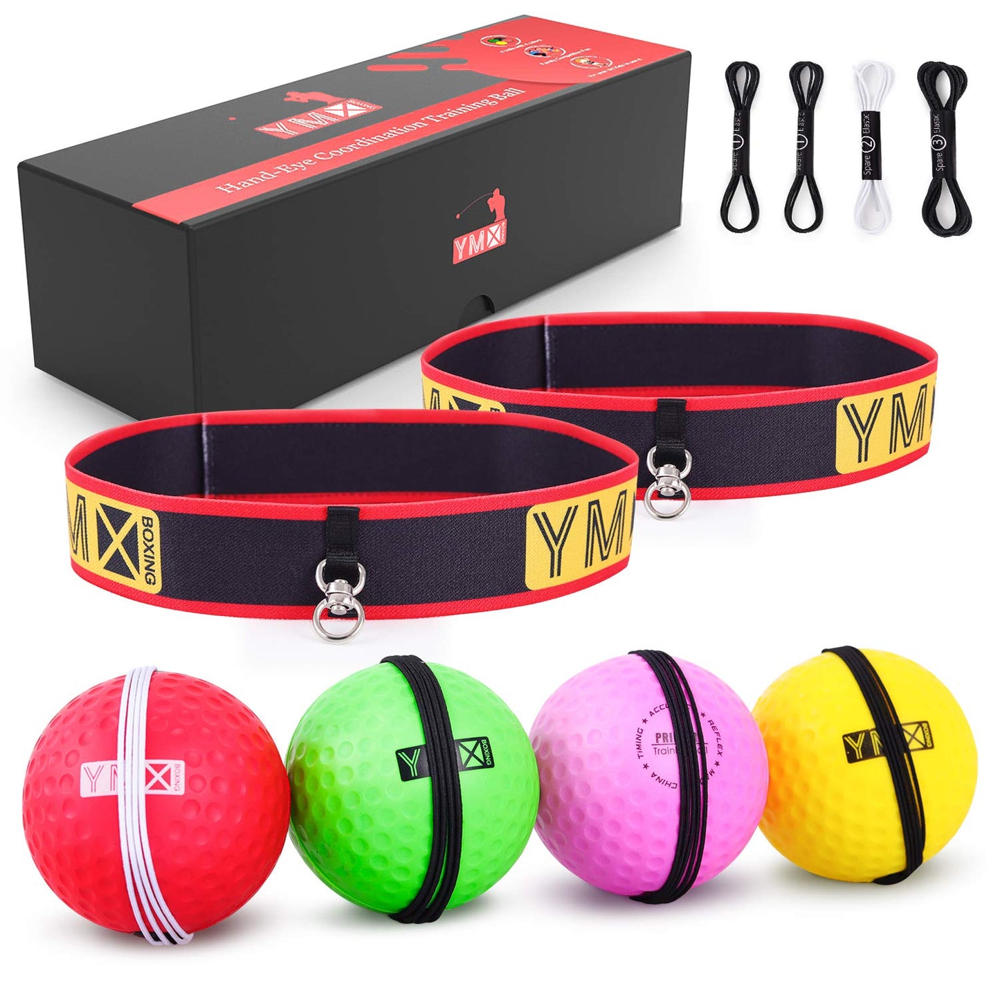 Reflexball - 4 Bälle + 2 Stirnbänder, ideal zum Training von Reflexen, Reaktionsfähigkeit und Hand-Auge-Koordination