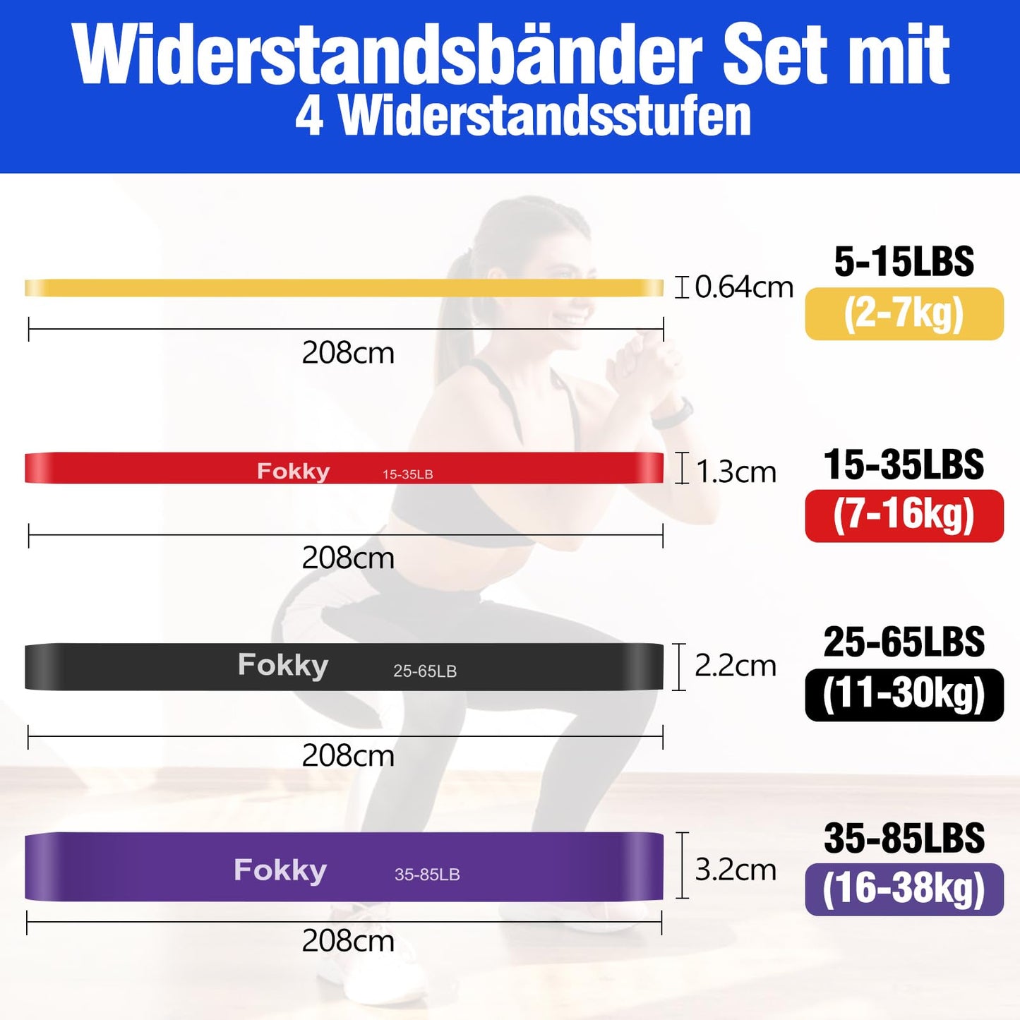 Fokky Fitnessbänder Resistance Bands Set mit 4 Stufen, Widerstandsbänder mit Türanker, Griffen, Schutzhülle, Tragetasche&Trainingsanleitung, Klimmzug Bänder für Stretching/Yoga/Klimmzüge/Krafttraining