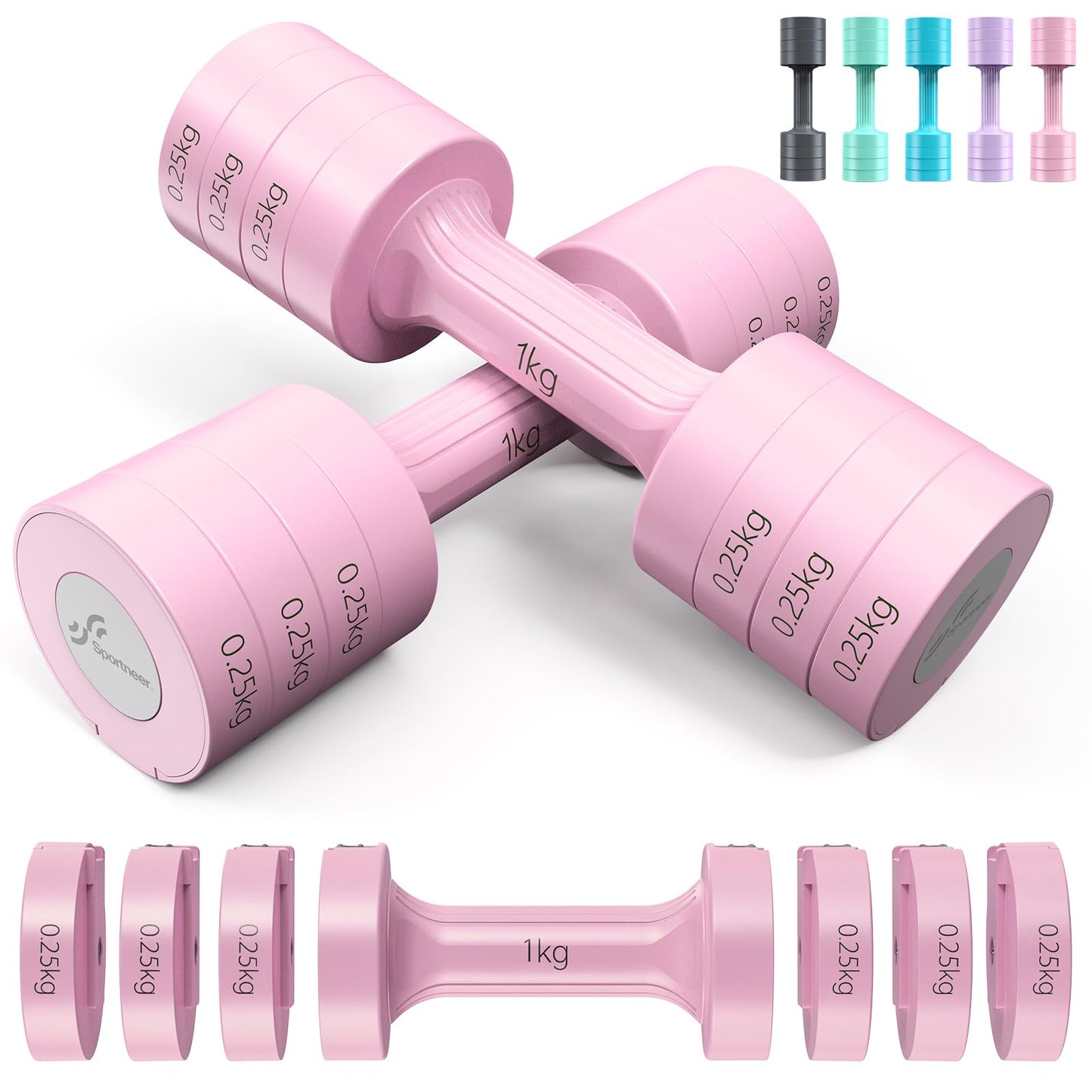 Sportneer Verstellbares Kurzhantel-Set - Kurzhanteln für Frauen, je 1-2,5 kg, 4-in-1 Kurzhantel-Set zu 2, Verstellbares Kurzhantel-Set für Heim-Fitnessstudio, Fitness, Krafttraining, Geschenk