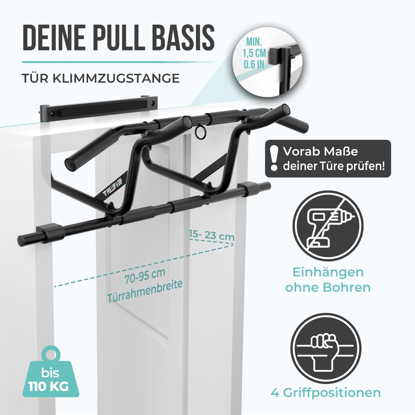 PULLUP & DIP Klimmzugstange für Türrahmen zum Einhängen ohne Schrauben und kein Abrutschen, Profi Türreck, Pull-up Bar mit gepolsterten Griffen