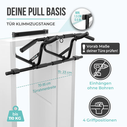 PULLUP & DIP Klimmzugstange für Türrahmen zum Einhängen ohne Schrauben und kein Abrutschen, Profi Türreck, Pull-up Bar mit gepolsterten Griffen