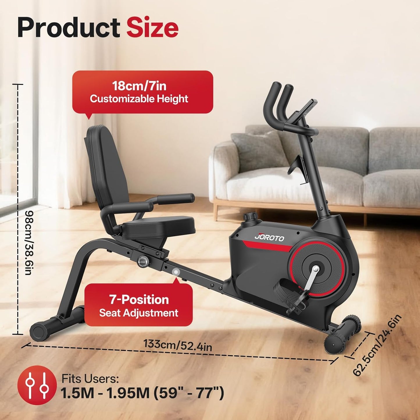 JOROTO JH30 Liegeergometer für Zuhause, Smart Bluetooth Magnetisches Liegefahrrad, Indoor Heimtrainer Ergometer bis 136KG Belastung, LCD Display, Verstellbarer Sitz für Cardio-Training