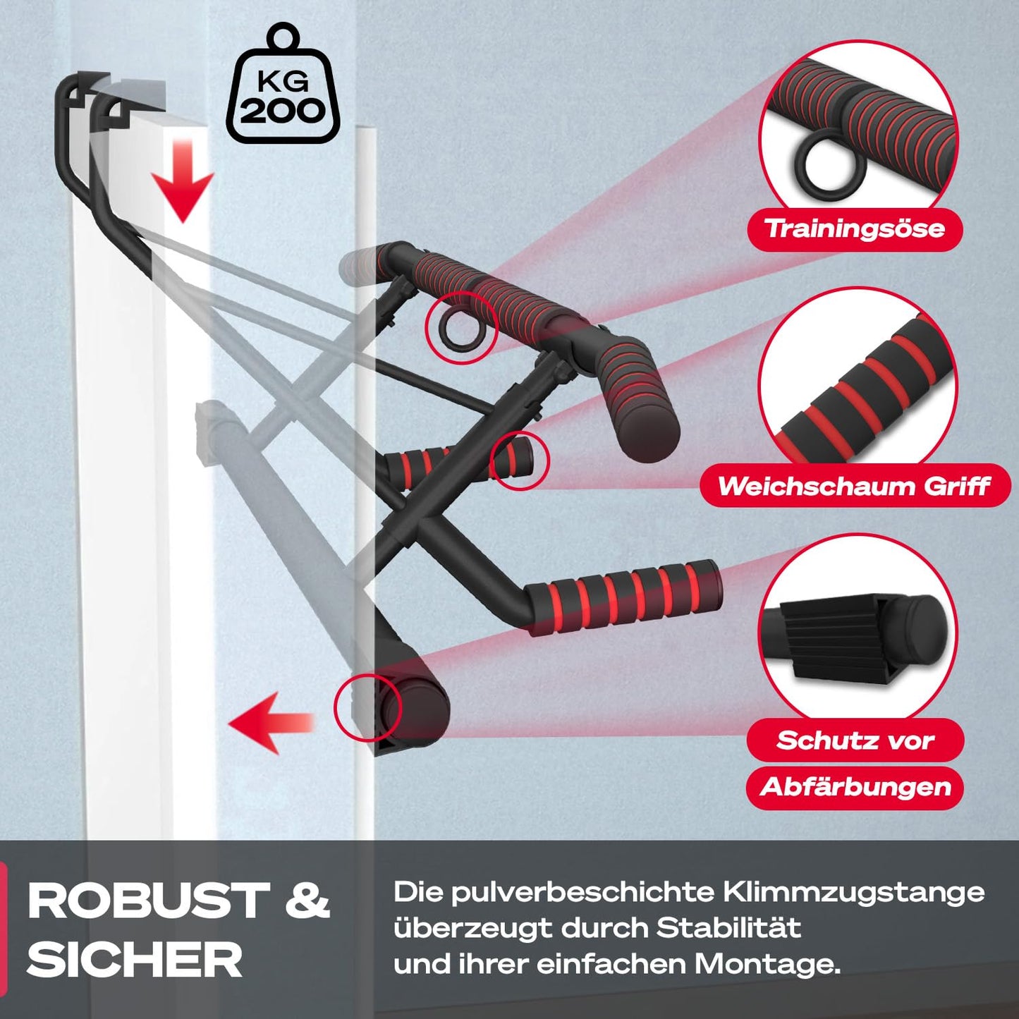 Sportstech Pullmate Home Hängende Klimmzugstange für Türrahmen, Montage ohne Schrauben, verstellbare rutschfeste Griffe, inklusive Klimmzughilfe und Sling Trainer, Tragfähigkeit 200 kg, Calisthenics