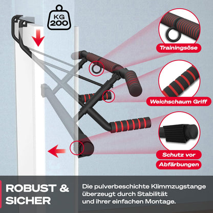 Sportstech Pullmate Home Hängende Klimmzugstange für Türrahmen, Montage ohne Schrauben, verstellbare rutschfeste Griffe, inklusive Klimmzughilfe und Sling Trainer, Tragfähigkeit 200 kg, Calisthenics