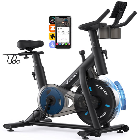 MERACH Heimtrainer mit verstellbarem Widerstand, leises Heimtrainingsfahrrad mit verbessertem LCD-Monitor, Tablet-Halter, Indoor-Cycling-Bike für Cardio-Training zu Hause, eigene App, bis zu 136 kg