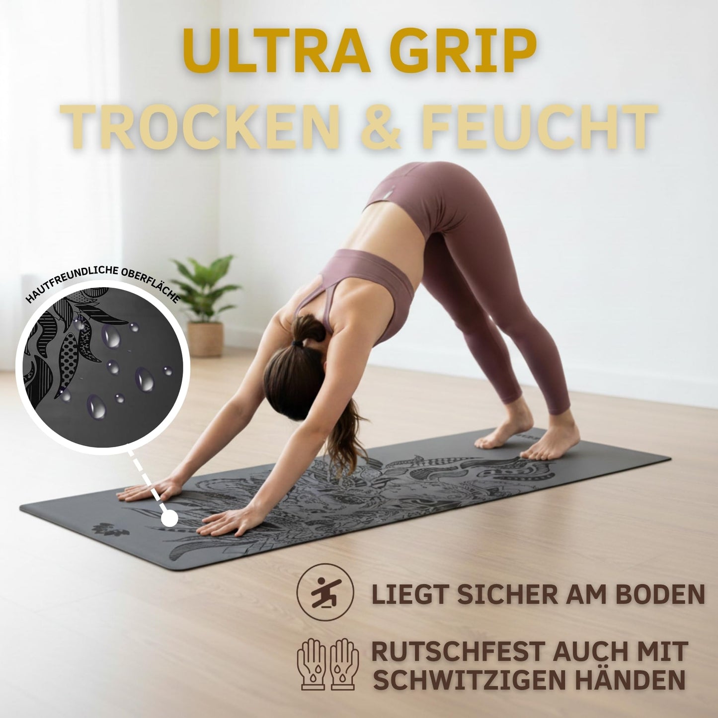Yosana Yogamatte aus Naturkautschuk | Extrem rutschfest | Ultra-Grip-Oberfläche aus umweltfreundlichem PU | Extra breit 68 cm | Inklusive Tragegurt | Yogamatte 183 x 68 cm | 4 mm dünn