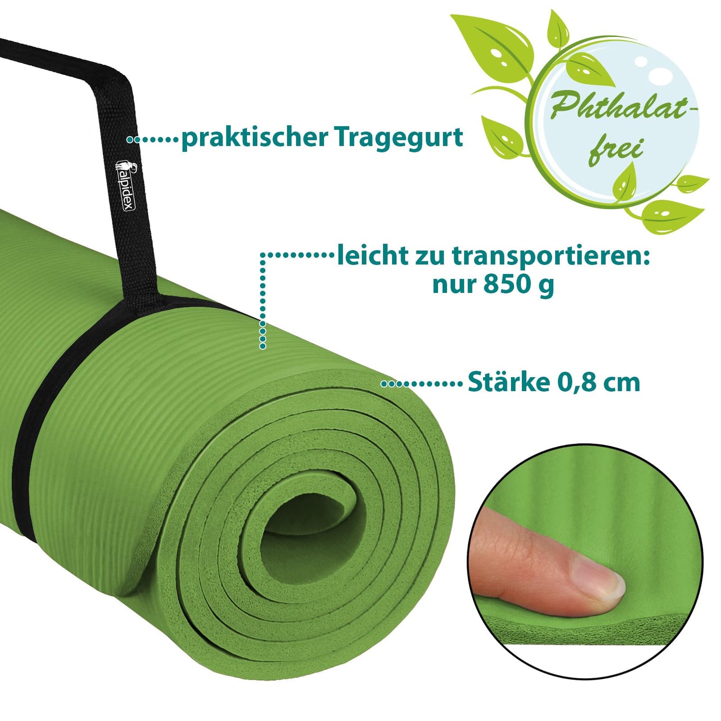 ALPIDEX Yogamatte 183 x 60 x 0,8 cm phthalatfreie Fitnessmatte mit Tragegurt, rutschfest, für Gymnastik, Pilates, Sport, Physiotherapie, HiiT, Yoga, Training und Schlafmatte, hautfreundlich