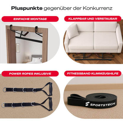 Sportstech Pullmate Home Hängende Klimmzugstange für Türrahmen, Montage ohne Schrauben, verstellbare rutschfeste Griffe, inklusive Klimmzughilfe und Sling Trainer, Tragfähigkeit 200 kg, Calisthenics