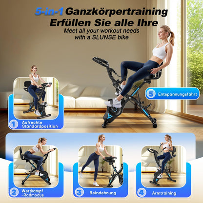 5-in-1 Heimtrainer Fahrrad, 2025 Neu Hometrainer Fahrrad mit 16 Stufen Magnetwiderstand, Klappbar Ergometer Heimtrainer mit 10dB extra Leise, Indoor Bike für Kardio-Training zu Hause, Bis 160KG