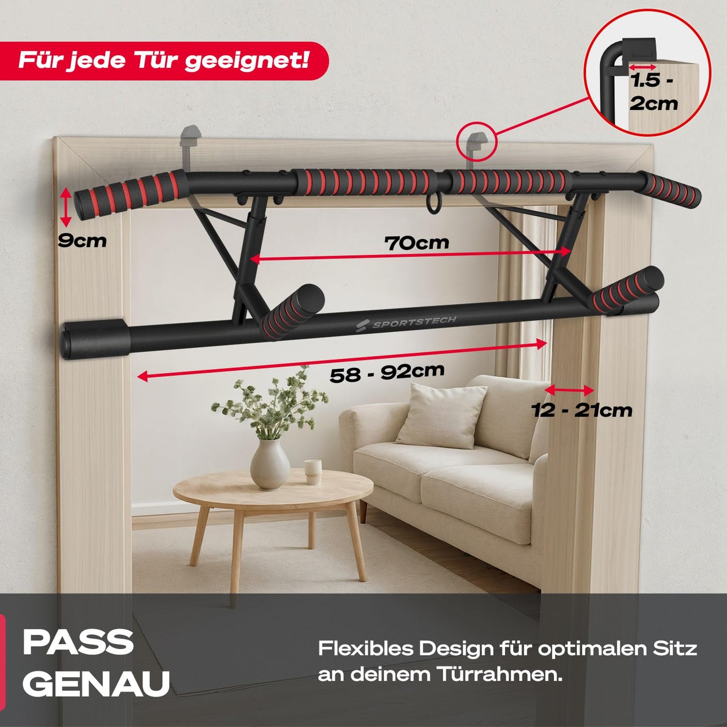 Sportstech Pullmate Home Hängende Klimmzugstange für Türrahmen, Montage ohne Schrauben, verstellbare rutschfeste Griffe, inklusive Klimmzughilfe und Sling Trainer, Tragfähigkeit 200 kg, Calisthenics