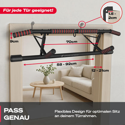 Sportstech Pullmate Home Hängende Klimmzugstange für Türrahmen, Montage ohne Schrauben, verstellbare rutschfeste Griffe, inklusive Klimmzughilfe und Sling Trainer, Tragfähigkeit 200 kg, Calisthenics