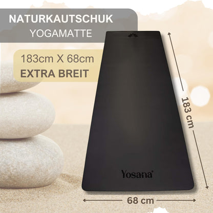 Yosana Yogamatte aus Naturkautschuk | Extrem rutschfest | Ultra-Grip-Oberfläche aus umweltfreundlichem PU | Extra breit 68 cm | Inklusive Tragegurt | Yogamatte 183 x 68 cm | 4 mm dünn