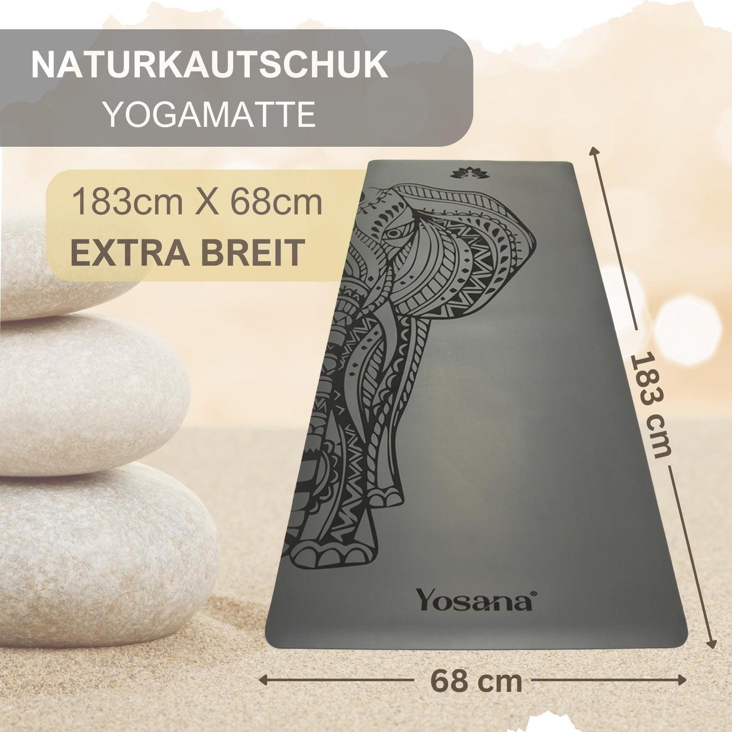 Yosana Yogamatte aus Naturkautschuk | Extrem rutschfest | Ultra-Grip-Oberfläche aus umweltfreundlichem PU | Extra breit 68 cm | Inklusive Tragegurt | Yogamatte 183 x 68 cm | 4 mm dünn