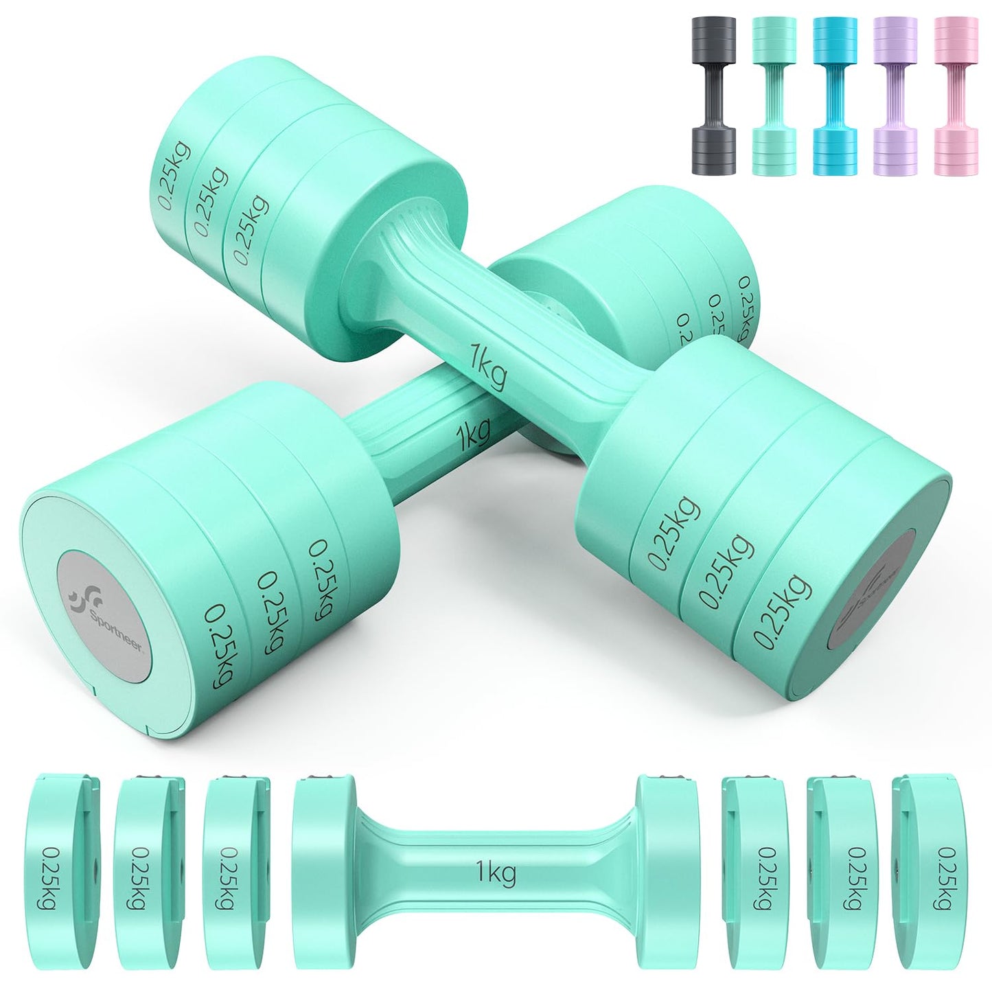 Sportneer Verstellbares Kurzhantel-Set - Kurzhanteln für Frauen, je 1-2,5 kg, 4-in-1 Kurzhantel-Set zu 2, Verstellbares Kurzhantel-Set für Heim-Fitnessstudio, Fitness, Krafttraining, Geschenk