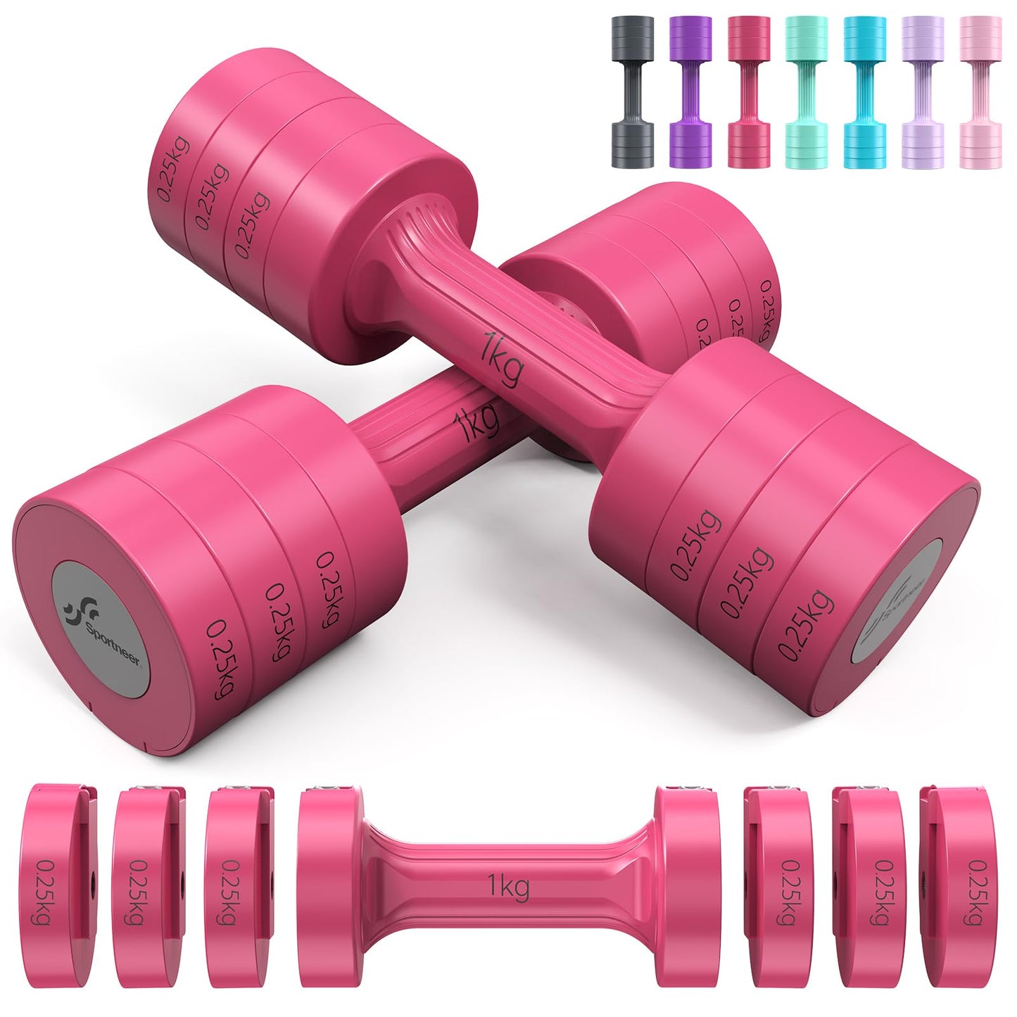 Sportneer Verstellbares Kurzhantel-Set - Kurzhanteln für Frauen, je 1-2,5 kg, 4-in-1 Kurzhantel-Set zu 2, Verstellbares Kurzhantel-Set für Heim-Fitnessstudio, Fitness, Krafttraining, Geschenk