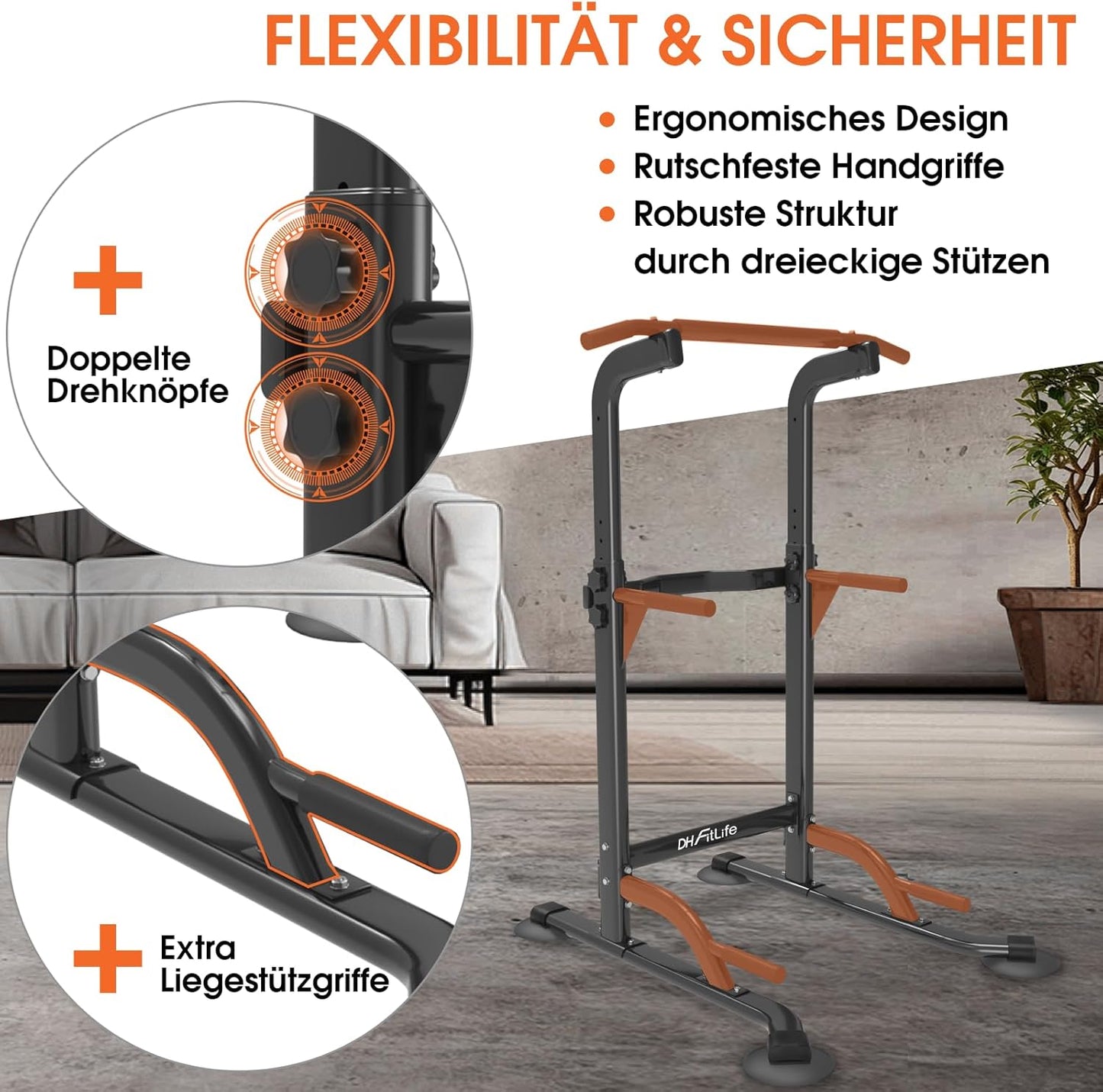 DH FitLife Power Tower Dip Station | Klimmzugstange Freistehend | Dip Barren Rückentrainer | Kraftstation Kraftturm | Fitness Station | Power Rack for Home Gym | Krafttraining für Zuhause