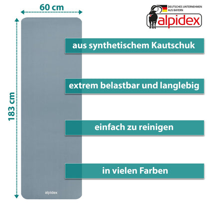 ALPIDEX Yogamatte 183 x 60 x 0,8 cm phthalatfreie Fitnessmatte mit Tragegurt, rutschfest, für Gymnastik, Pilates, Sport, Physiotherapie, HiiT, Yoga, Training und Schlafmatte, hautfreundlich