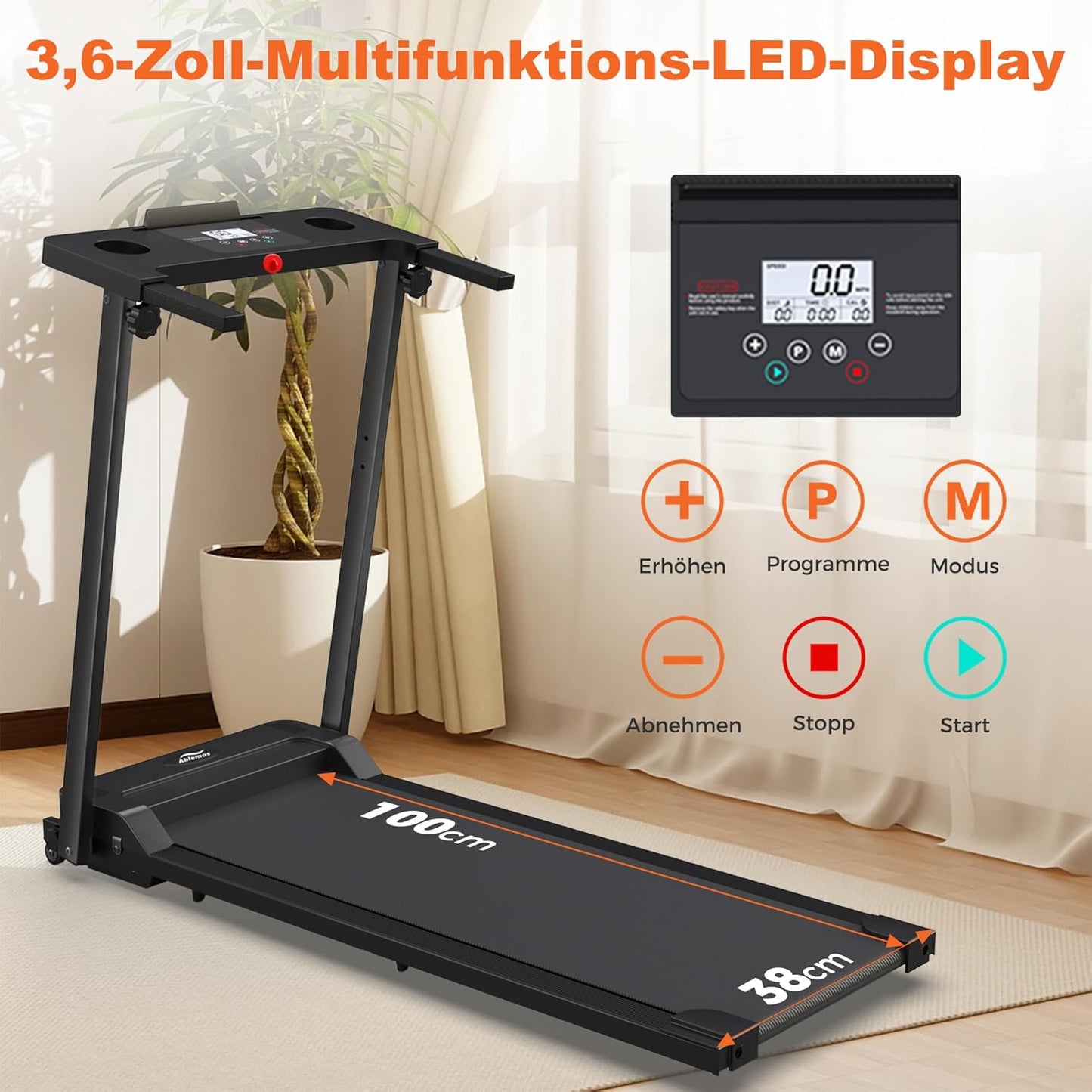 Ablemos 3.0 HP Laufband für Zuhause, zusammenklappbares elektrisches Laufband bis zu 10 km/h, Gehmaschine mit LED-Display, kompakte Gehplattform für Zuhause und Büro