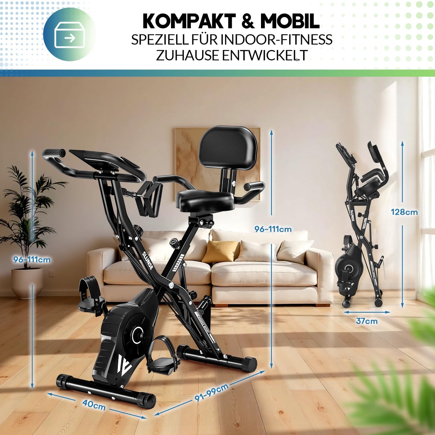 5-in-1 Heimtrainer Fahrrad, 2025 Neu Hometrainer Fahrrad mit 16 Stufen Magnetwiderstand, Klappbar Ergometer Heimtrainer mit 10dB extra Leise, Indoor Bike für Kardio-Training zu Hause, Bis 160KG