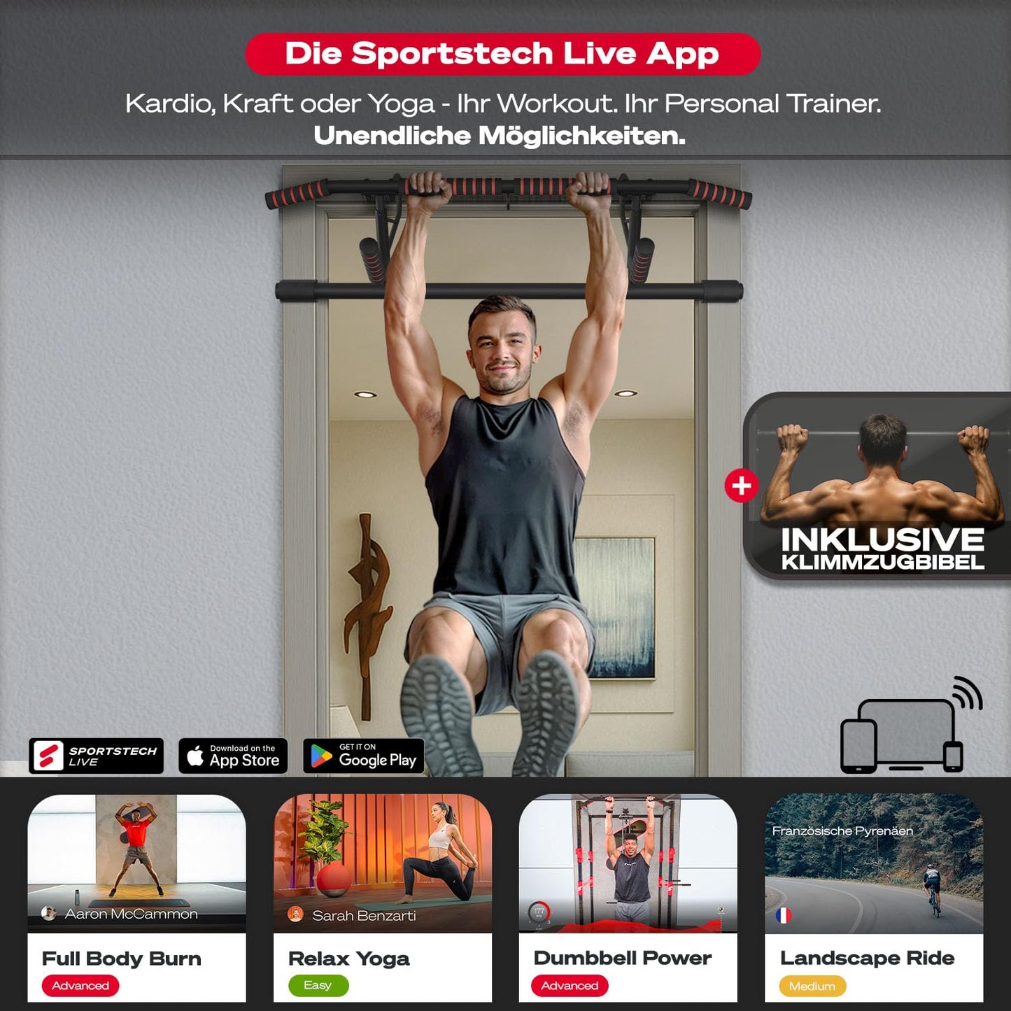 Sportstech Pullmate Home Hängende Klimmzugstange für Türrahmen, Montage ohne Schrauben, verstellbare rutschfeste Griffe, inklusive Klimmzughilfe und Sling Trainer, Tragfähigkeit 200 kg, Calisthenics